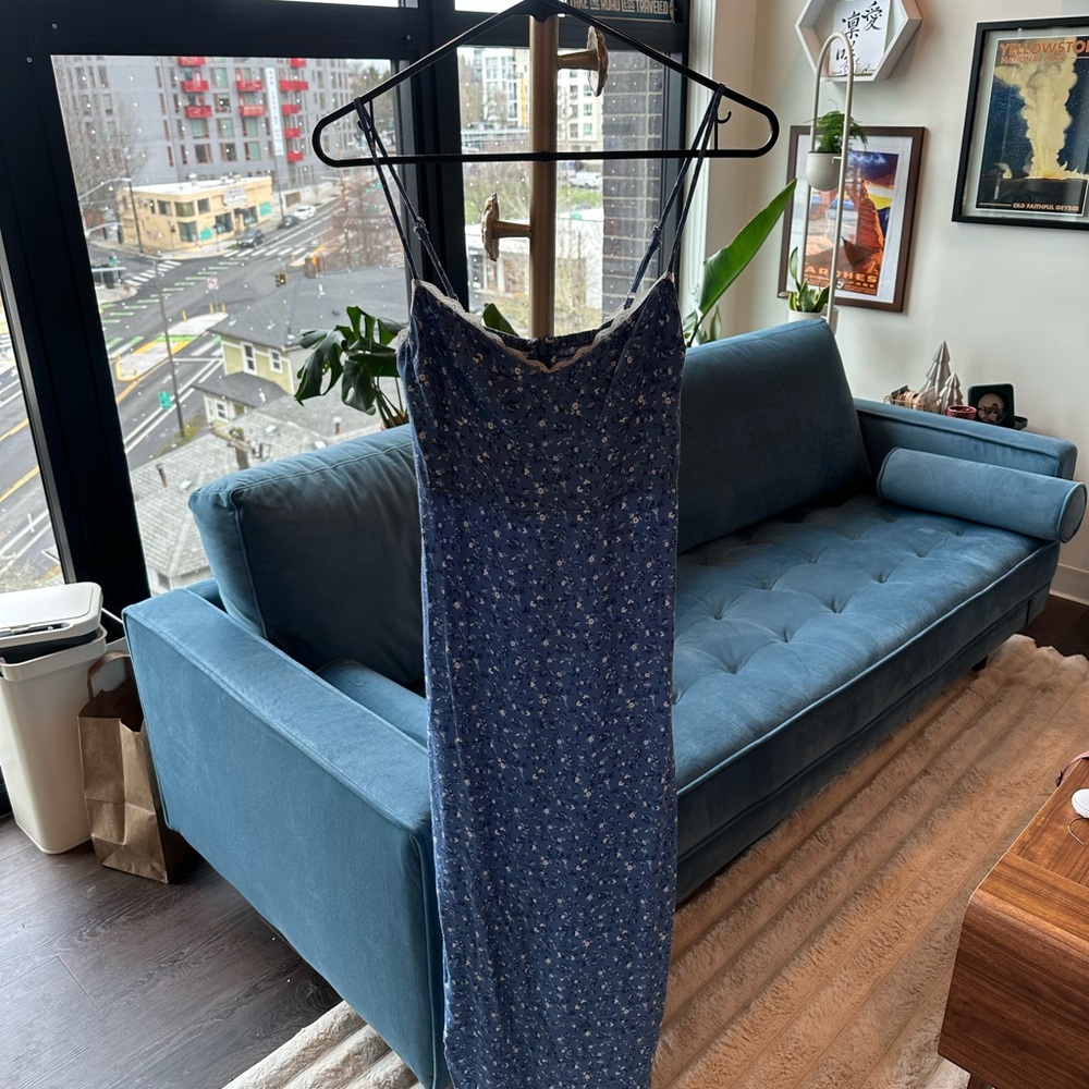 Reformation Blue Slip Maxi Dress with Spaghetti Straps for Cocktail